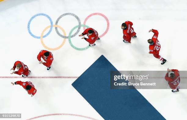 Nikita Gusev of Olympic Athlete from Russia along with other skaters celebrate winning the gold medal against Germany during the Men's Gold Medal...