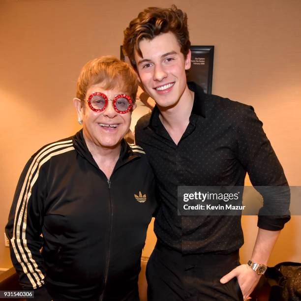 Elton John and Shawn Mendes pose backstage during 60th Annual GRAMMY Awards - I'm Still Standing: A GRAMMY Salute To Elton John at the Theater at...