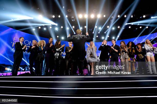 Elton John performs onstage during the finale with Miley Cyrus, Kesha, SZA, Miranda Lambert, Hailee Steinfeld, Little Big Town, Alessia Cara, Neil...
