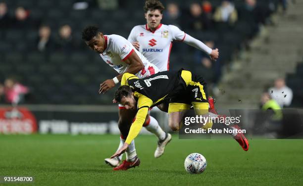 Anthony Forde of Rotherham United clashes with Chuks Aneke of Milton Keynes Dons during the Sky Bet League One match between Milton Keynes Dons and...