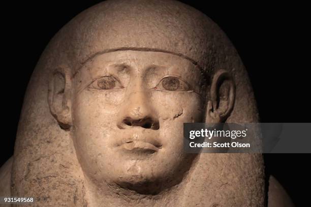 Limestone sarcophagus fragment from Egypt is displayed at the Field Museum on March 13, 2018 in Chicago, Illinois. The artifact is part of the new...