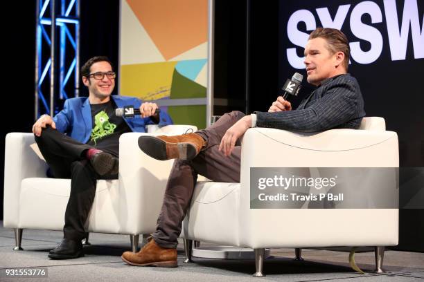 Eric Kohn and Ethan Hawke speak onstage during SXSW at Austin Convention Center on March 13, 2018 in Austin, Texas.