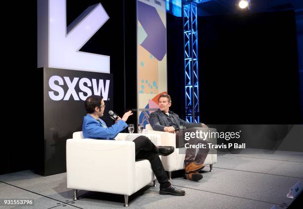 Eric Kohn and Ethan Hawke speak onstage during SXSW at Austin Convention Center on March 13, 2018 in Austin, Texas.