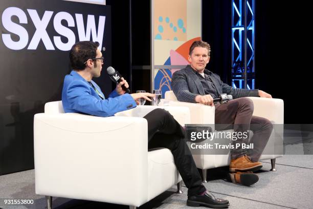 Eric Kohn and Ethan Hawke speak onstage during SXSW at Austin Convention Center on March 13, 2018 in Austin, Texas.