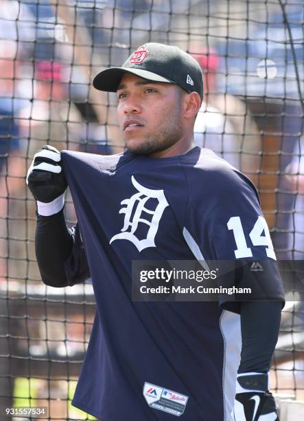 Alexi Amarista of the Detroit Tigers looks on prior to the Spring Training game against the New York Yankees at George M. Steinbrenner Field on...