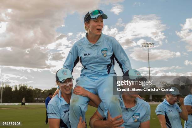 Alex Blackwell of NSW is chaired off after her final match for NSW during the WNCL Final match between New South Wales and Western Australia at...