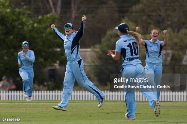 Alex Blackwell of NSW celebrates the final wicket and winning the match during the WNCL Final match between New South Wales and Western Australia at...