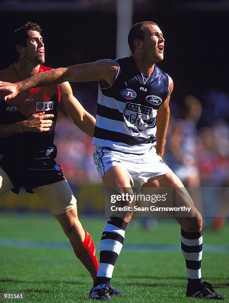 Steven King for Geelong and Jeff White for Melbourne in action during the AFL round 3 match between the Melbourne Demons and the Geelong Cats, which...