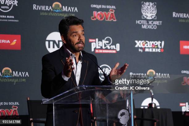 Actor Eugenio Derbez speaks during the 5th Annual Premios PLATINO Of Iberoamerican Cinema Nominations Announcement at Hollywood Roosevelt Hotel on...