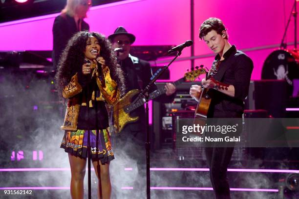 Recording artists SZA and Shawn Mendes perform onstage during 60th Annual GRAMMY Awards - I'm Still Standing: A GRAMMY Salute To Elton John at the...