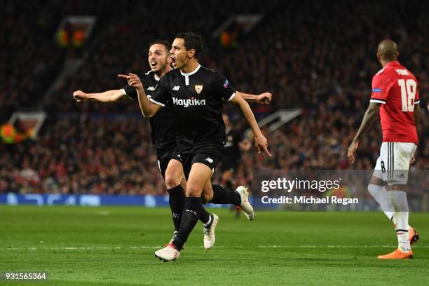 Wissam Ben Yedder of Sevilla celebrates as he scores their first goal during the UEFA Champions League Round of 16 Second Leg match between...