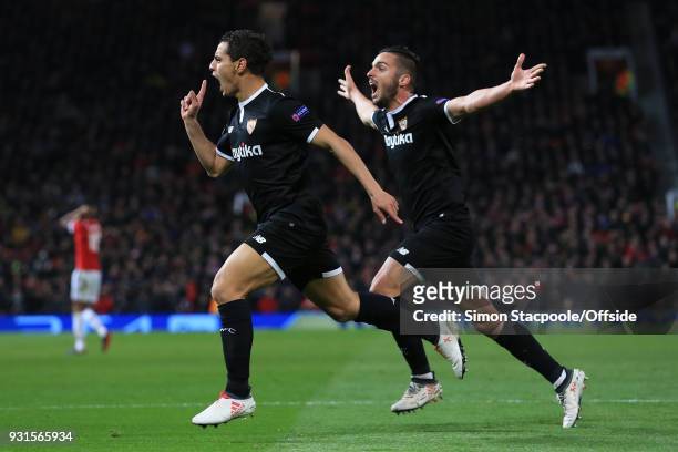 Wissam Ben Yedder of Sevilla celebrates scoring their 1st goal with Pablo Sarabia during the UEFA Champions League Round of 16 Second Leg match...