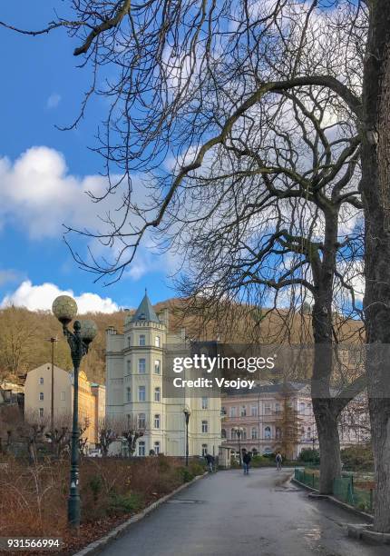 buildings near the park at karlovy vary, czech republic - vsojoy fotografías e imágenes de stock