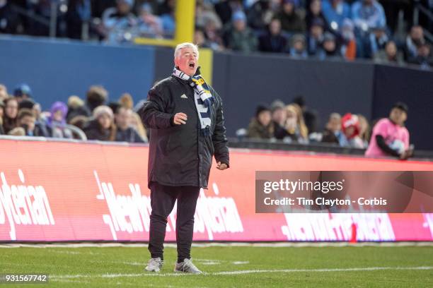 March 11: Sigi Schmid, head coach of LA Galaxy on the sideline during the New York City FC Vs LA Galaxy regular season MLS game at Yankee Stadium on...