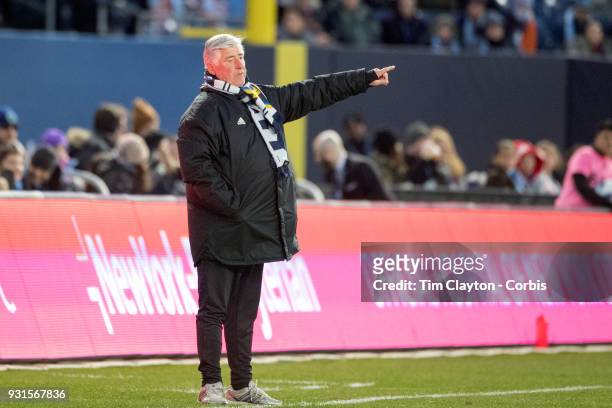 March 11: Sigi Schmid, head coach of LA Galaxy on the sideline during the New York City FC Vs LA Galaxy regular season MLS game at Yankee Stadium on...