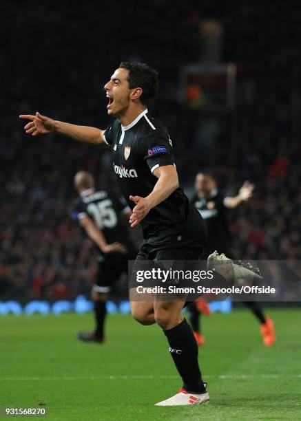 Wissam Ben Yedder of Sevilla celebrates scoring his 2nd goal during the UEFA Champions League Round of 16 Second Leg match between Manchester United...