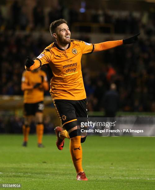 Wolverhampton Wanderers' Matt Doherty celebrates scoring his side's third goal of the game during the Sky Bet Championship match at Molineux,...