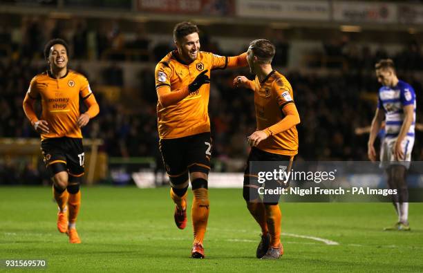 Wolverhampton Wanderers' Matt Doherty celebrates scoring his side's third goal of the game with Barry Douglas during the Sky Bet Championship match...