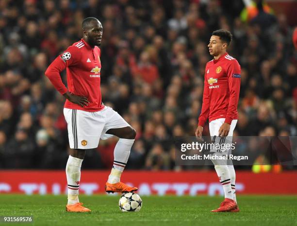 Romelu Lukaku and Jesse Lingard of Manchester United look dejected during the UEFA Champions League Round of 16 Second Leg match between Manchester...