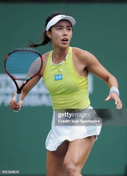 Tennis player Qiang Wang in action in the second set of a match played at the BNP Paribas Open on March 13, 2018 at the Indian Wells Tennis Garden in...