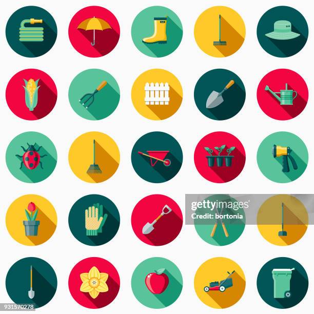 gardening supplies flat design icon set with side shadow - spade stock illustrations