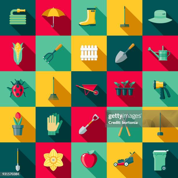 gartenarbeit lieferungen flaches design icon-set mit seite schatten - shovel stock-grafiken, -clipart, -cartoons und -symbole