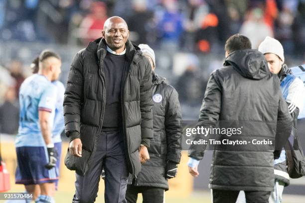 March 11: Patrick Vieira, head coach of New York City FC, congratulates his team and staff at the end of the game during the New York City FC Vs LA...