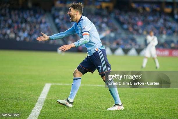 March 11: David Villa of New York City appeals for a penalty during the New York City FC Vs LA Galaxy regular season MLS game at Yankee Stadium on...