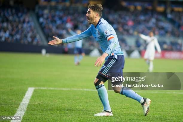 March 11: David Villa of New York City appeals for a penalty during the New York City FC Vs LA Galaxy regular season MLS game at Yankee Stadium on...