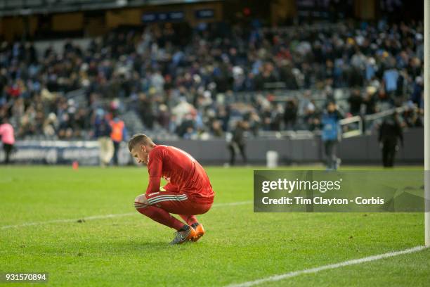 March 11: Goalkeeper David Bingham of Los Angeles Galaxy reflects on his sides loss at the end of the game during the New York City FC Vs LA Galaxy...