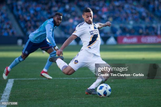 March 11: Sebastian Lletget of Los Angeles Galaxy shoots during the New York City FC Vs LA Galaxy regular season MLS game at Yankee Stadium on March...