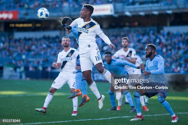 March 11: Ola Kamara of Los Angeles Galaxy challenges for the ball from a corner during the New York City FC Vs LA Galaxy regular season MLS game at...