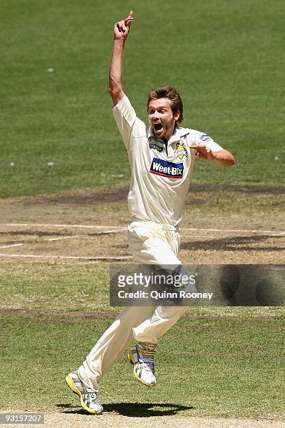 Michael Hogan of the Warriors celebrates taking the wicket of David Hussey of the Bushrangers during day two of the Sheffield Shield match between...