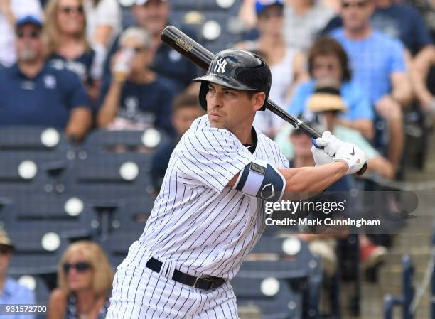 Jacoby Ellsbury of the New York Yankees bats during the Spring Training game against the Detroit Tigers at George M. Steinbrenner Field on February...