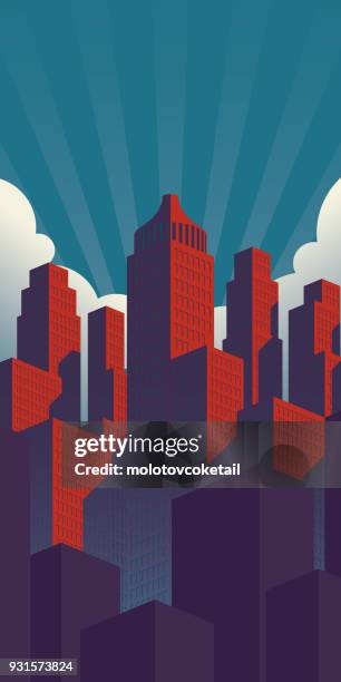 simple propaganda poster style city illustration with red buildings on a teal sky background - propaganda stock illustrations