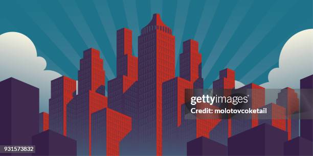 ilustraciones, imágenes clip art, dibujos animados e iconos de stock de ilustración de la ciudad de estilo simple propaganda cartel con edificios rojos en un verde azulado fondo del cielo - bloque de oficinas