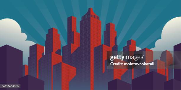 stockillustraties, clipart, cartoons en iconen met eenvoudige propaganda poster stijl stad illustratie met rode gebouwen op een groenblauw hemel achtergrond - skyscraper stock illustrations