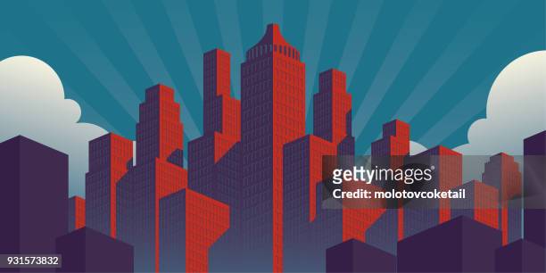 simple propaganda poster style city illustration with red buildings on a teal sky background - cityscape stock illustrations