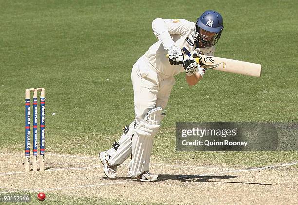 Chris Rogers of the Bushrangers plays a shot off his pads during day two of the Sheffield Shield match between the Victorian Bushrangers and the...