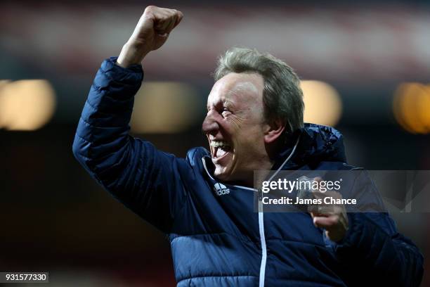 Neil Warnock, Manager of Cardiff City celebrates victory after the Sky Bet Championship match between Brentford and Cardiff City at Griffin Park on...