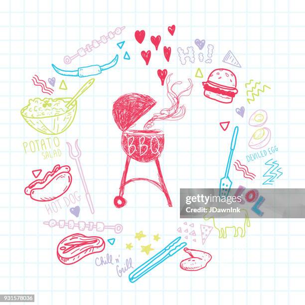 cute hand drawn barbecue elements set in a circle - deviled egg stock illustrations