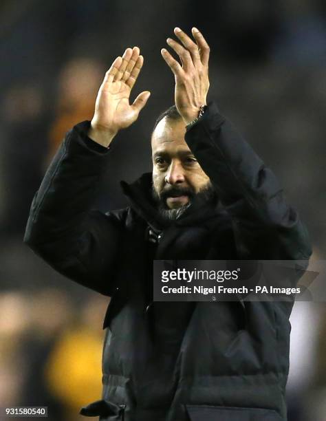 Wolverhampton Wanderers manager Nuno Espirito Santo applauds the home supporters after the game during the Sky Bet Championship match at Molineux,...