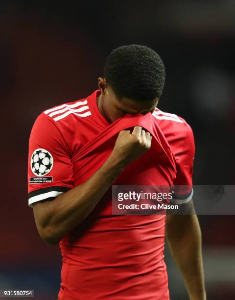 Marcus Rashford of Manchester United looks dejected in defeat after the UEFA Champions League Round of 16 Second Leg match between Manchester United...
