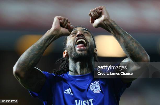 Armand Traore of Cardiff City celebrates victory after the Sky Bet Championship match between Brentford and Cardiff City at Griffin Park on March 13,...