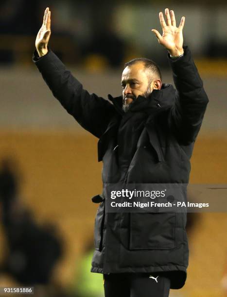 Wolverhampton Wanderers manager Nuno Espirito Santo celebrates after the game during the Sky Bet Championship match at Molineux, Wolverhampton.