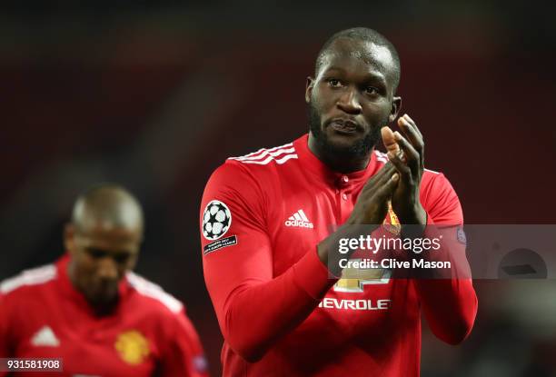 Romelu Lukaku of Manchester United looks dejected in defeat after the UEFA Champions League Round of 16 Second Leg match between Manchester United...