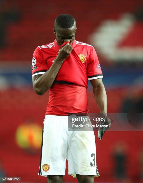 Eric Bailly of Manchester United looks dejected in defeat after the UEFA Champions League Round of 16 Second Leg match between Manchester United and...