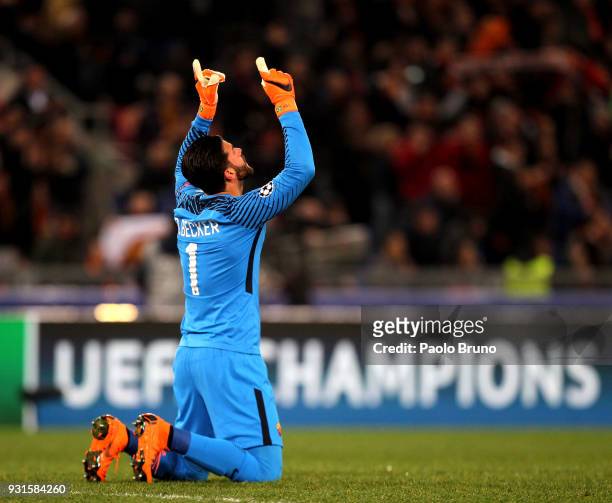 Roma goalkeeper Alisson Becker celebrates the victory after the UEFA Champions League Round of 16 Second Leg match between AS Roma and Shakhtar...