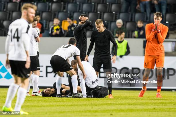 Jesper Nyholm of AIK is severely injured during a Swedish Cup quarter final match between AIK and Orebro SK at Friends arena on March 13, 2018 in...