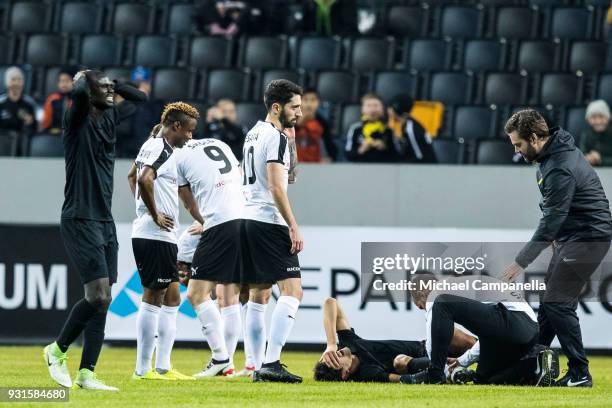 Jesper Nyholm of AIK is severely injured during a Swedish Cup quarter final match between AIK and Orebro SK at Friends arena on March 13, 2018 in...